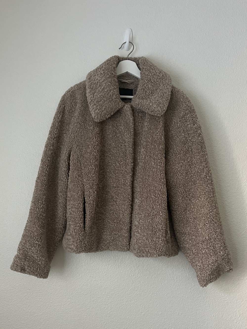 Banana Republic Teddy Sherpa Boucle Jacket Taupe Brown XL Hook Eye Lined Cozy
